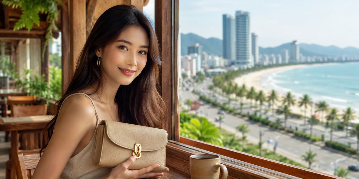 Người dùng truy cập ứng dụng cá cược tại quán cà phê Đà Nẵng với view biển
