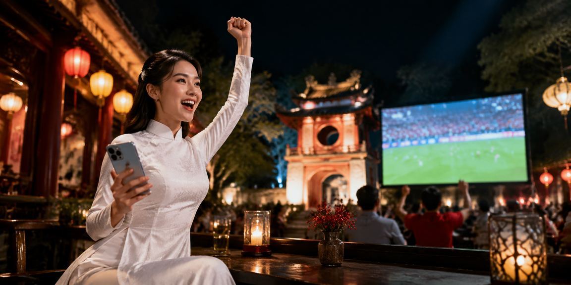 Người dùng Hà Nội mặc áo dài ngồi trải nghiệm nền tảng cá cược trực tuyến trên máy tính bảng