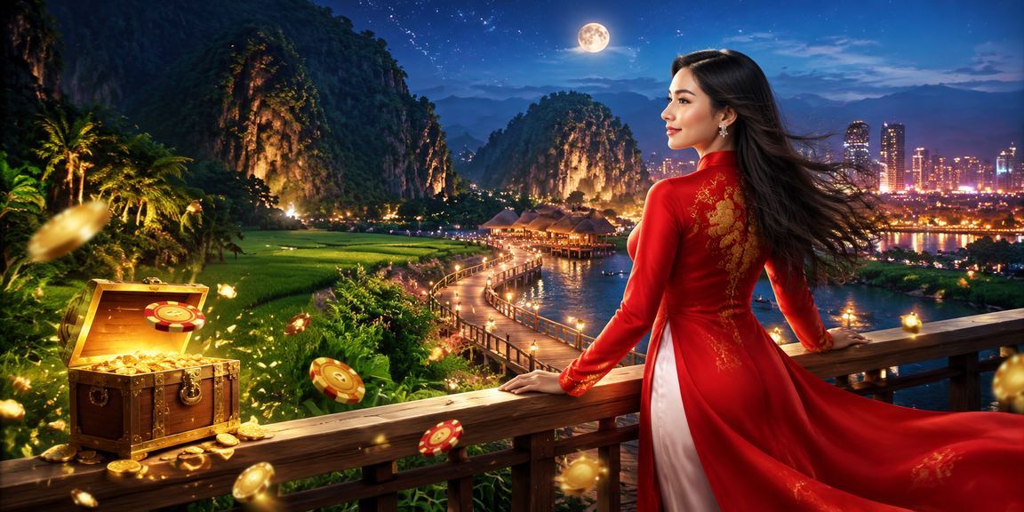Người phụ nữ mặc áo dài tại Ninh Bình ngồi chơi card game trực tuyến bên cạnh cửa sổ nhìn ra phong cảnh