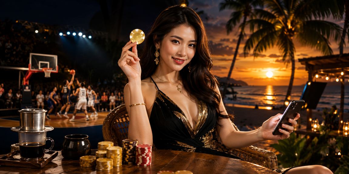 Người dùng xem kèo bóng rổ bên ly cà phê tại Phú Quốc